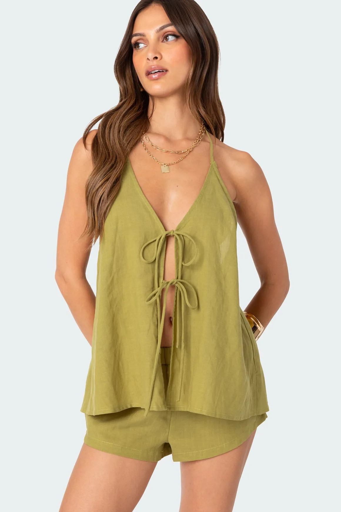 Arden Linen Look Tie Front Top