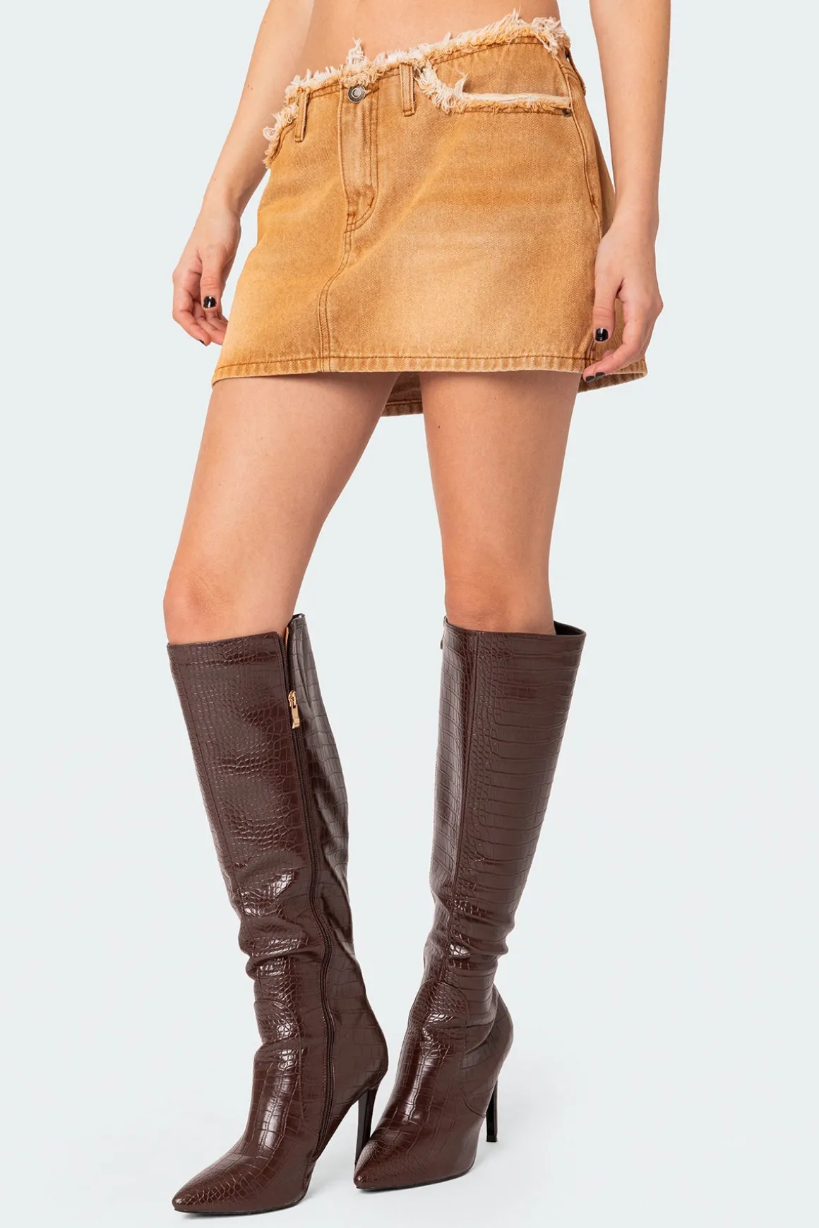 Ariah Distressed Hem Washed Denim Mini Skirt