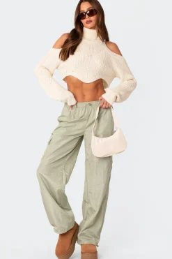 Asymmetric Cropped Open Shoulder Turtle Neck Sweater