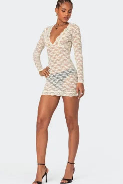 Beck Plunge Neck Sheer Lace Mini Dress