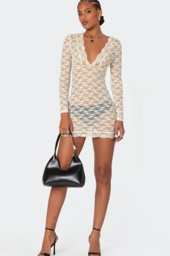 Beck Plunge Neck Sheer Lace Mini Dress