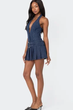 Belted Pinstripe Denim Mini Dress