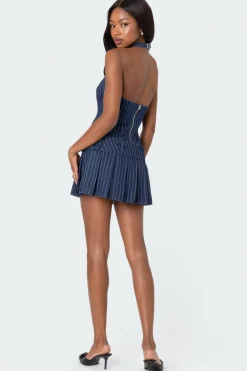 Belted Pinstripe Denim Mini Dress