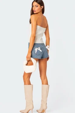 Bow Pocket Washed Denim Shorts