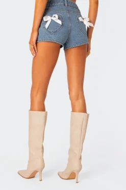 Bow Pocket Washed Denim Shorts