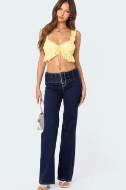 Buckle Belt Washed Flared Jeans
