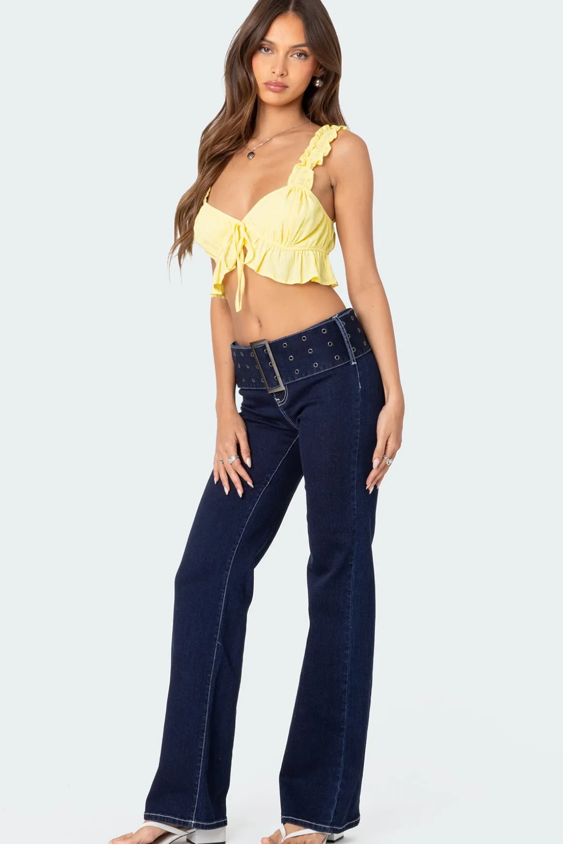Buckle Belt Washed Flared Jeans