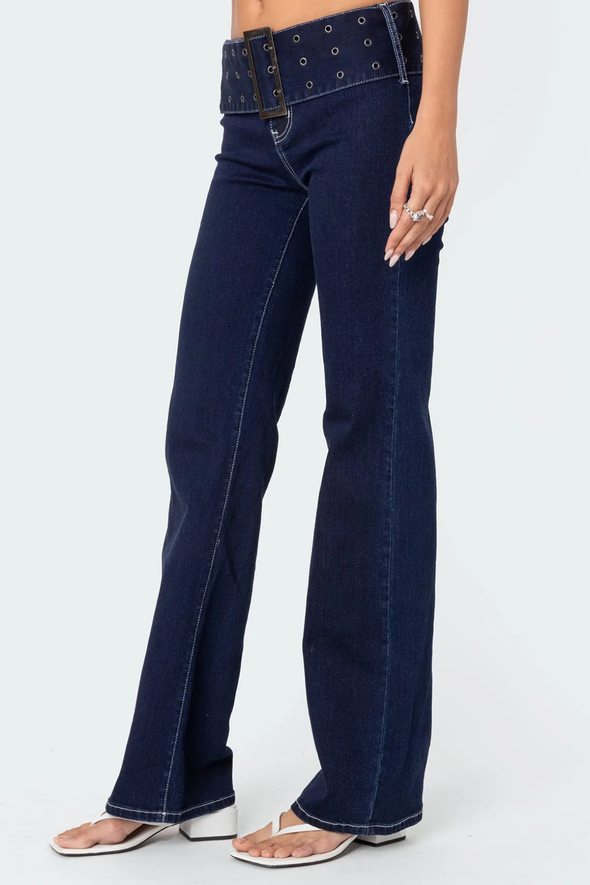 Buckle Belt Washed Flared Jeans