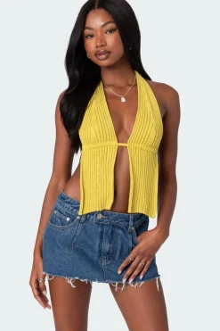 Caraway Ribbed Knit Split Front Top