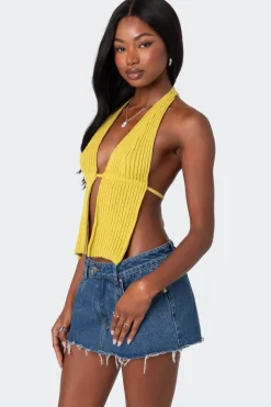 Caraway Ribbed Knit Split Front Top