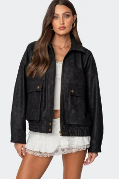 Cargo Faux Leather Bomber Jacket