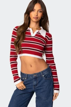 Collared Stripey Ribbed Crop Top