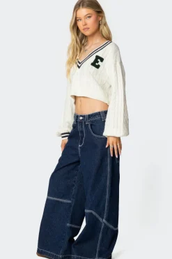 Collegiate Cropped Cable Knit Sweater
