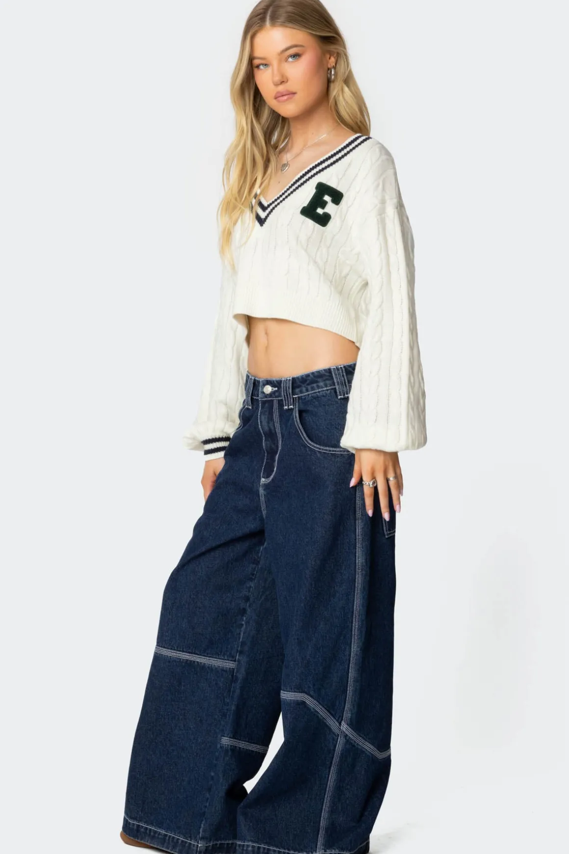 Collegiate Cropped Cable Knit Sweater