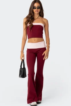 Contrast Fold Over Flared Leggings