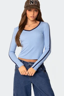 Contrast V Neck Long Sleeve T Shirt