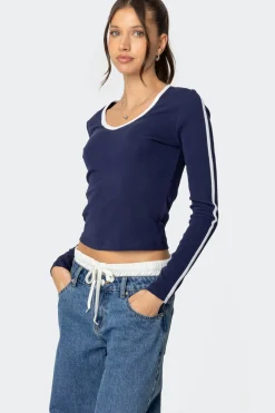 Contrast V Neck Long Sleeve T Shirt