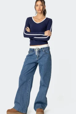 Contrast V Neck Long Sleeve T Shirt