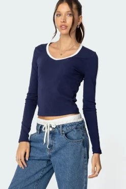 Contrast V Neck Long Sleeve T Shirt
