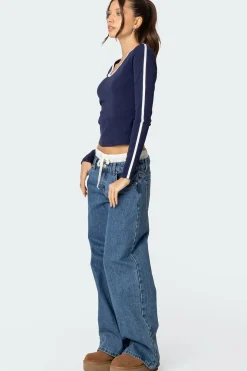 Contrast V Neck Long Sleeve T Shirt
