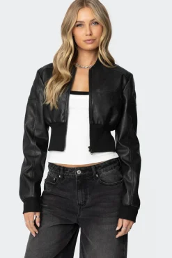 Cropped Faux Leather Bomber Jacket