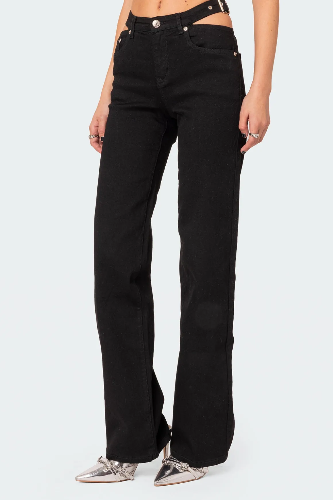 Cut Out Belt Low Rise Flared Jeans