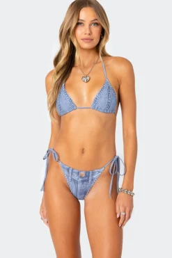 Denim Printed Triangle Bikini Top