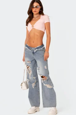 Distressed Fold Over Boyfriend Jeans