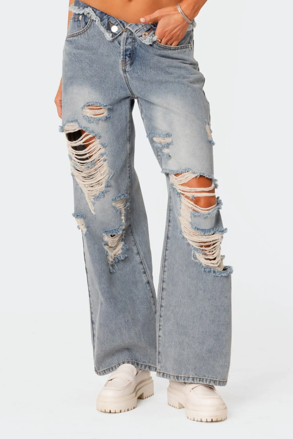 Distressed Fold Over Boyfriend Jeans