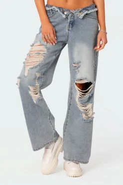 Distressed Fold Over Boyfriend Jeans