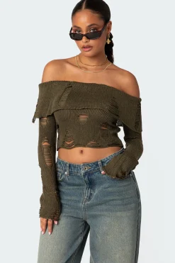 Distressed Fold Over Sweater