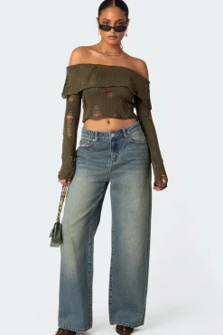 Distressed Fold Over Sweater