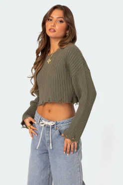 Distressed Hem Oversized Cropped Sweater