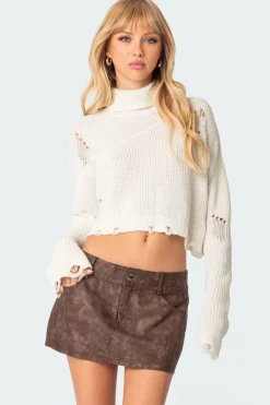 Distressed Turtle Neck Cropped Sweater