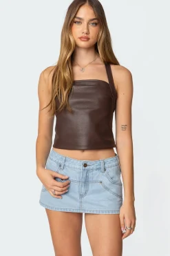 Draped Faux Leather Halter Top