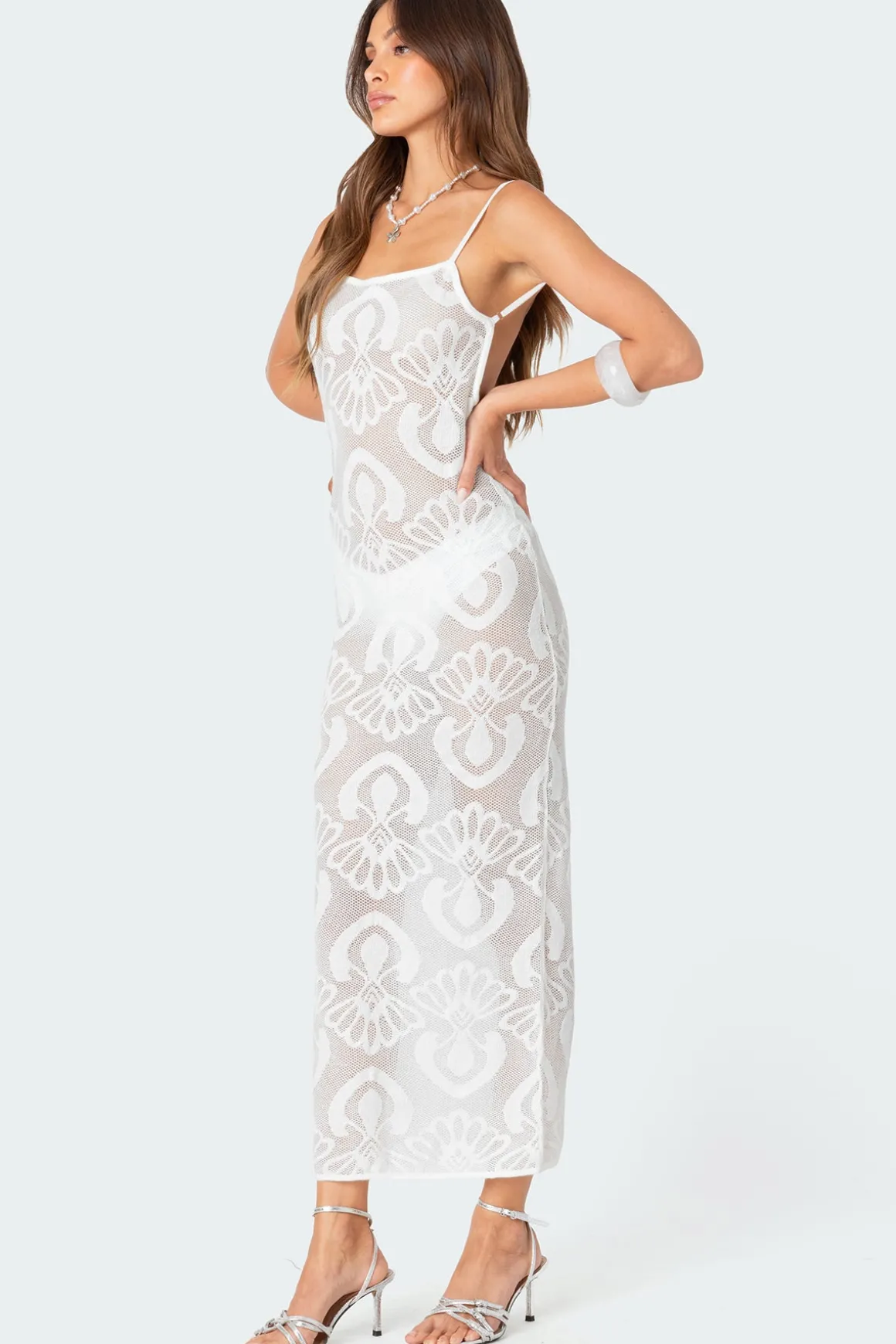 Embroidered Backless Sheer Knit Maxi Dress