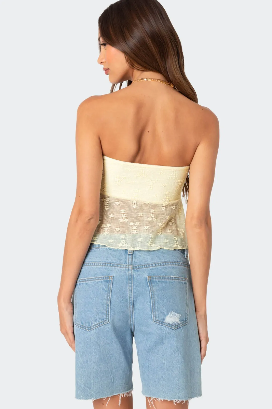 Embroidered Sheer Strapless Top