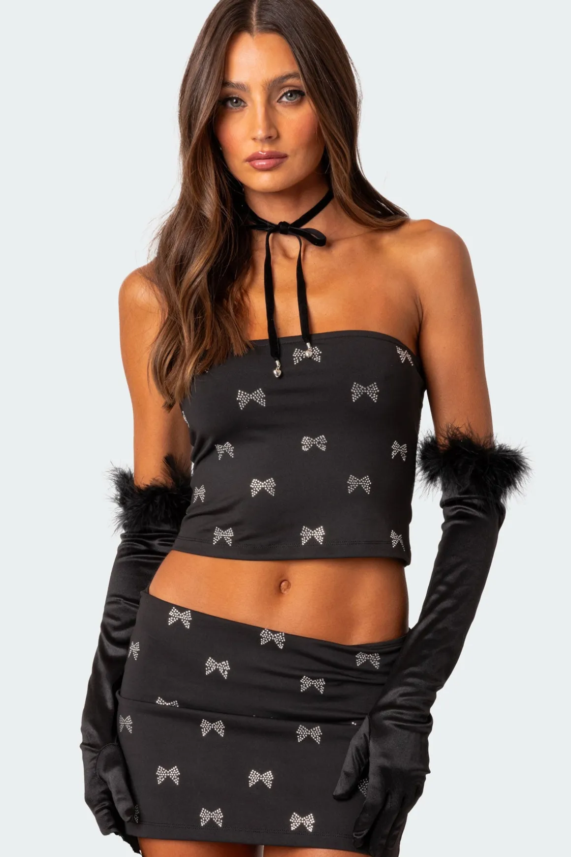 Faux Feather Satin Gloves