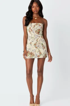 Floral Tapestry Lace Up Mini Dress