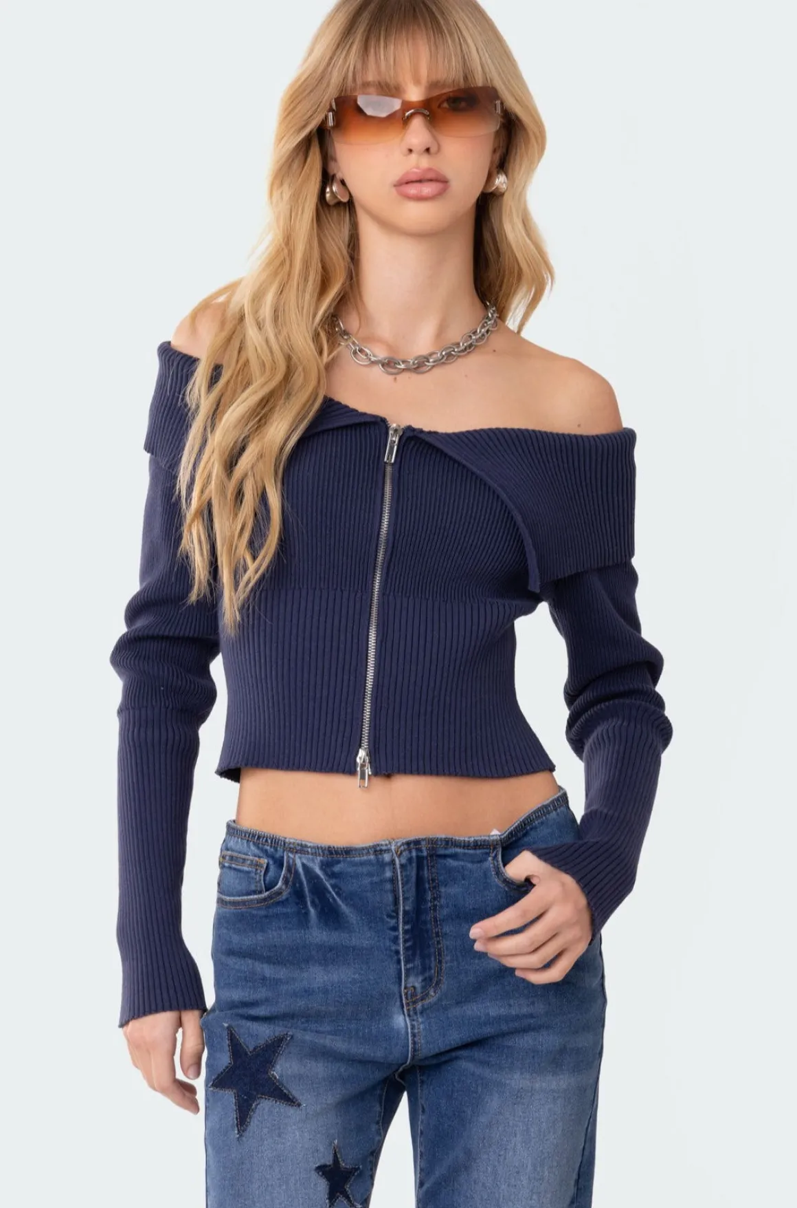 Fold Over Double Zip Knit Top