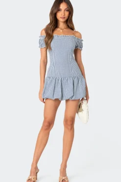 Gingham Off Shoulder Bubble Mini Dress