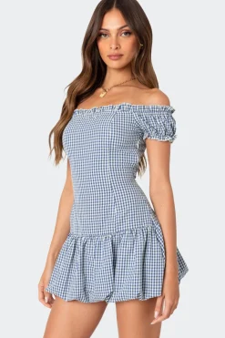Gingham Off Shoulder Bubble Mini Dress
