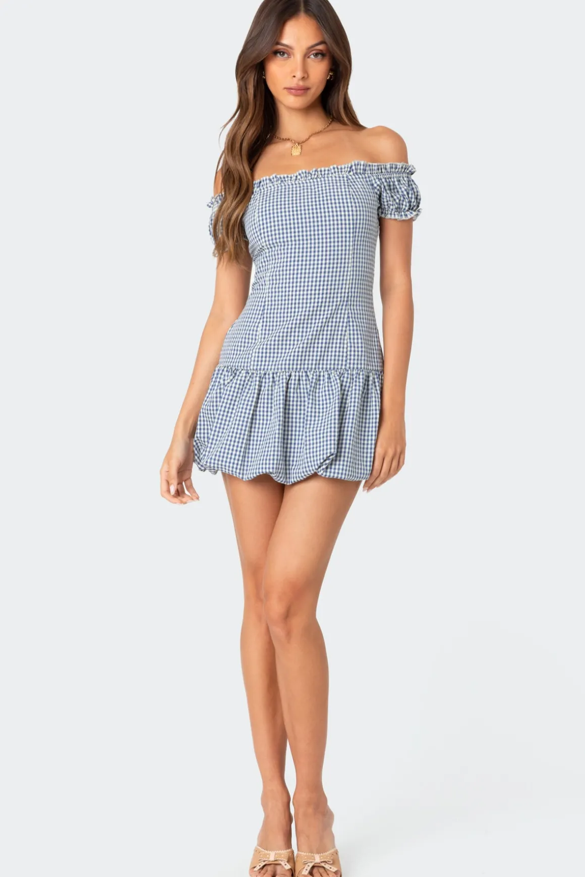 Gingham Off Shoulder Bubble Mini Dress