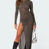 Glitter Mesh Slitted Maxi Dress
