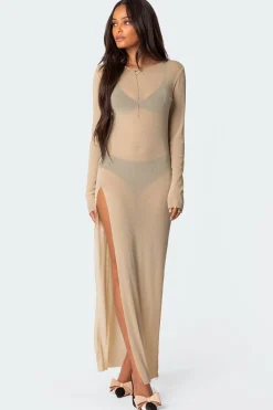 Glitter Mesh Slitted Maxi Dress