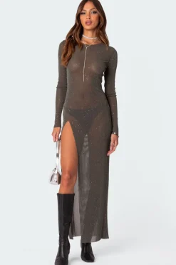 Glitter Mesh Slitted Maxi Dress
