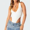 High Cut Ribbed V Neck Bodysuit