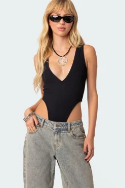 High Cut Ribbed V Neck Bodysuit