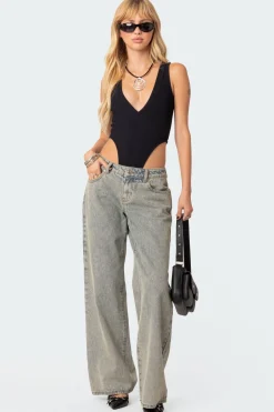 High Cut Ribbed V Neck Bodysuit