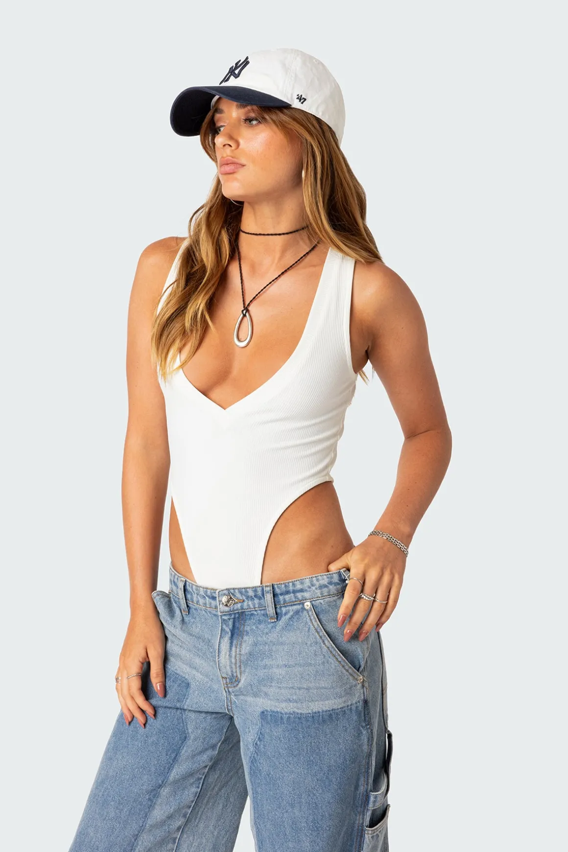 High Cut Ribbed V Neck Bodysuit